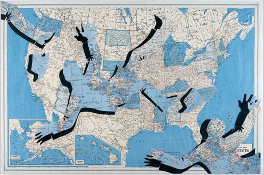 David Wojnarowicz, NYC, 1982, Collage and spray paint on U.S. map, 33 x 49 1/2 inches (83.8 x 125.7 cm) Photo Credit: JPMorganChase.com